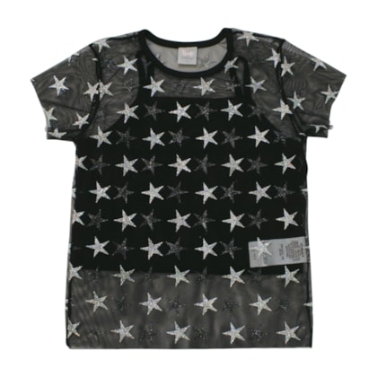 Blusa com Tule e Brilho Estrelas Manga Curta 25327 - Two Colors