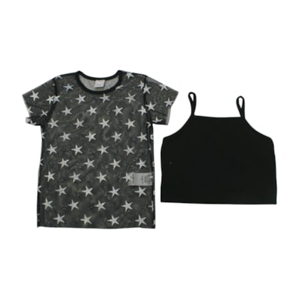 Blusa com Tule e Brilho Estrelas Manga Curta 25327 - Two Colors
