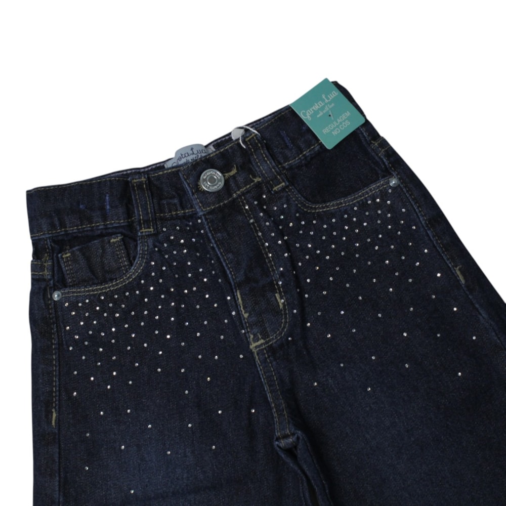 Calça Jeans Wide Legging com Strass Feminina 5392 - Garota Lua