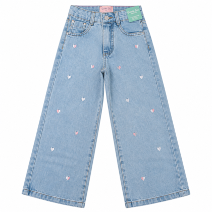 Calça Jeans Wide Legging Feminina Bordado Coração 4994 - Garota Lua