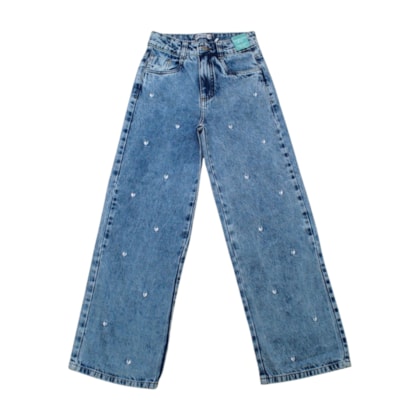 Calça Wide Legging Bordado Coração com Regulagem no Cós 5279 - Garota Lua