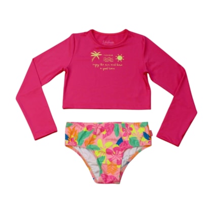 Conjunto Biquini Cropped Manga Longa Estampa Folhas 57256 - Kamylus