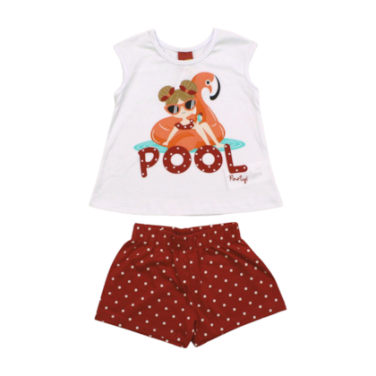 Conjunto Blusa Estampada Flamingo e Shorts Bolinha 112030 - Kyly
