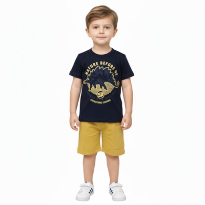 Conjunto Camiseta Estampa Dino e Bermuda Moletinho 27249 - Rollu