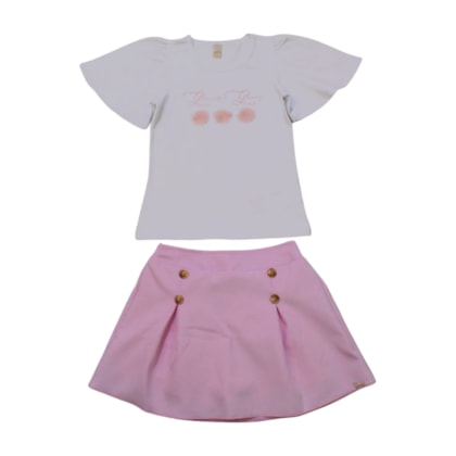 Conjunto Feminino Blusa Aplique Flor e Saia Tecido 22925 - Glinny