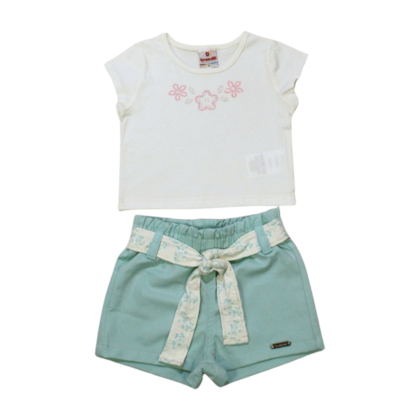 Conjunto Feminino Blusa Aplique Flor Strass e Shorts Sarja 26327 - Brandili     