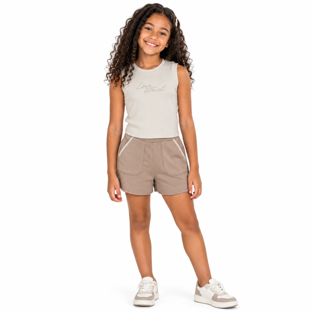 Conjunto Feminino Blusa Aplique Love Strass e Shorts 23601 - Angerô