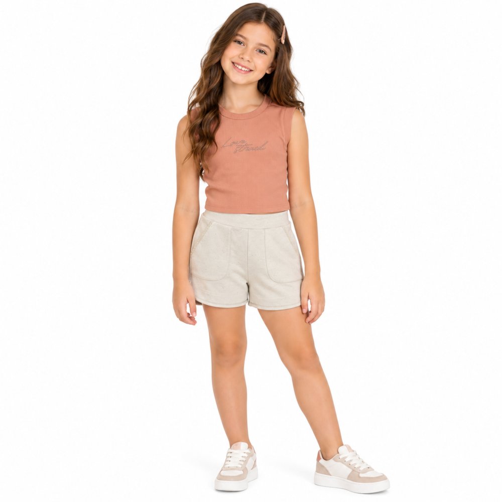 Conjunto Feminino Blusa Aplique Love Strass e Shorts 23601 - Angerô