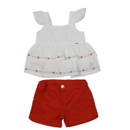 Conjunto Feminino Blusa Bordada Flores E Shorts 22600088 - Aconchego do Bebê