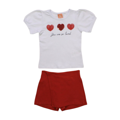 Conjunto Feminino Blusa Bordado Corações com Lantejoulas e Shorts Saia 17532 - Teddy     