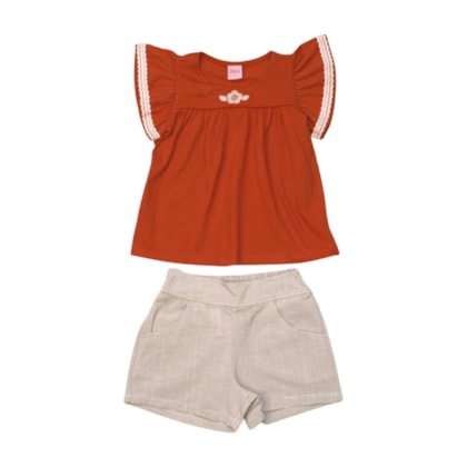 Conjunto Feminino Blusa Bordado Flor e Shorts Tecido 04597 - Dila 