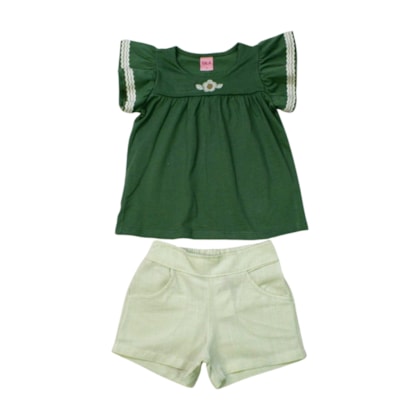 Conjunto Feminino Blusa Bordado Flor e Shorts Tecido 04597 - Dila 