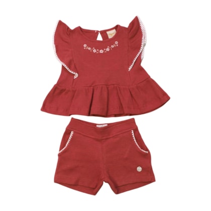 Conjunto Feminino Blusa Bordado Flores e Shorts 37084 - Angerô
