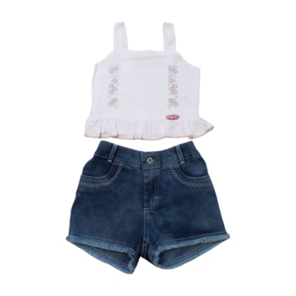 Conjunto Feminino Blusa Bordado Flores e Shorts Jeans 8251 - Mini Miss    