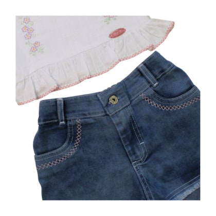 Conjunto Feminino Blusa Bordado Flores e Shorts Jeans 8251 - Mini Miss    