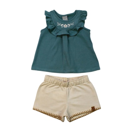 Conjunto Feminino Blusa Bordado Flores e Shorts Moletinho 26498 - Brandili Mundi