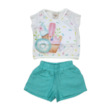 Conjunto Feminino Blusa com Tule Estampa Doces e Shorts 3 Peças 1950 - Carol e Dani         