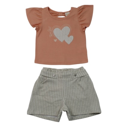 Conjunto Feminino Blusa Coração e Shorts Listrado - 37458 - Angerô