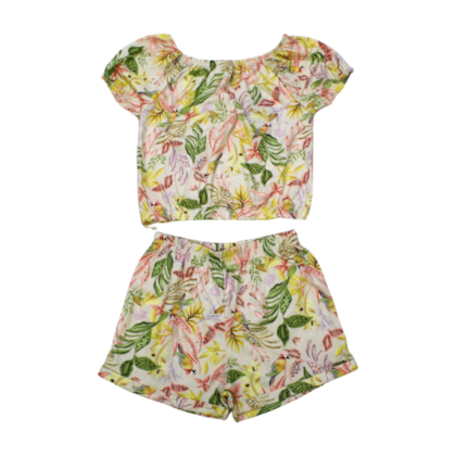 Conjunto Feminino Blusa Cropped e Shorts Estampado Folhas 26337 - Brandili    