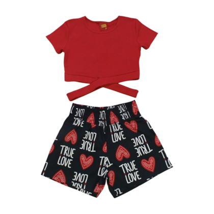 Conjunto Feminino Blusa Cropped e Shorts Estampado Love 1000568 - Kyly 