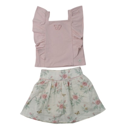 Conjunto Feminino Blusa e Saia Estampada Flores 2002021 - Milon