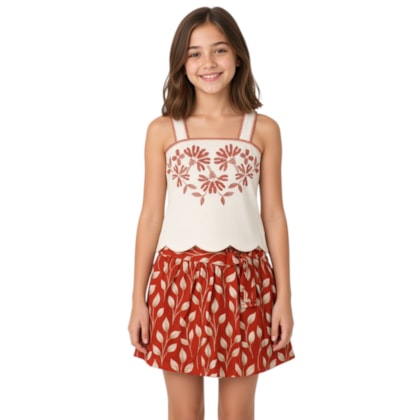 Conjunto Feminino Blusa e Saia Estampada Folhas 2002049 - Milon