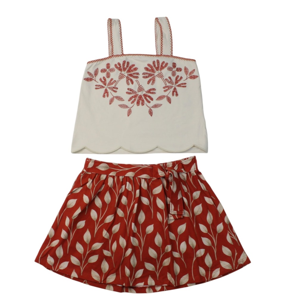 Conjunto Feminino Blusa e Saia Estampada Folhas 2002049 - Milon