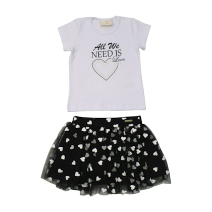 Conjunto Feminino Blusa e Saia Tule Corações 8220 - Serelepe 