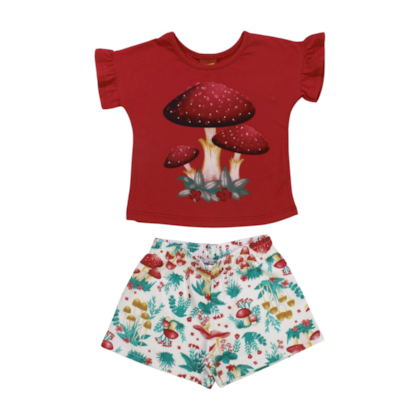 Conjunto Feminino Blusa e Shorts Estampado Cogumelos 1000539 - Kyly 