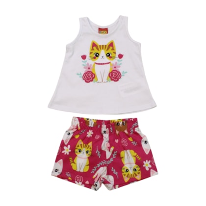 Conjunto Feminino Blusa e Shorts Estampado Gatinho 1001251 - Kyly