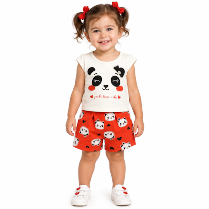 Conjunto Feminino Blusa e Shorts Estampado Pandas 37606 - Alakazoo 