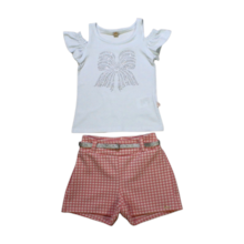 Conjunto Feminino Blusa e Shorts Jacquard Xadrez com Cinto 22804 - Glinny 