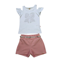 Conjunto Feminino Blusa e Shorts Jacquard Xadrez com Cinto 22804 - Glinny 