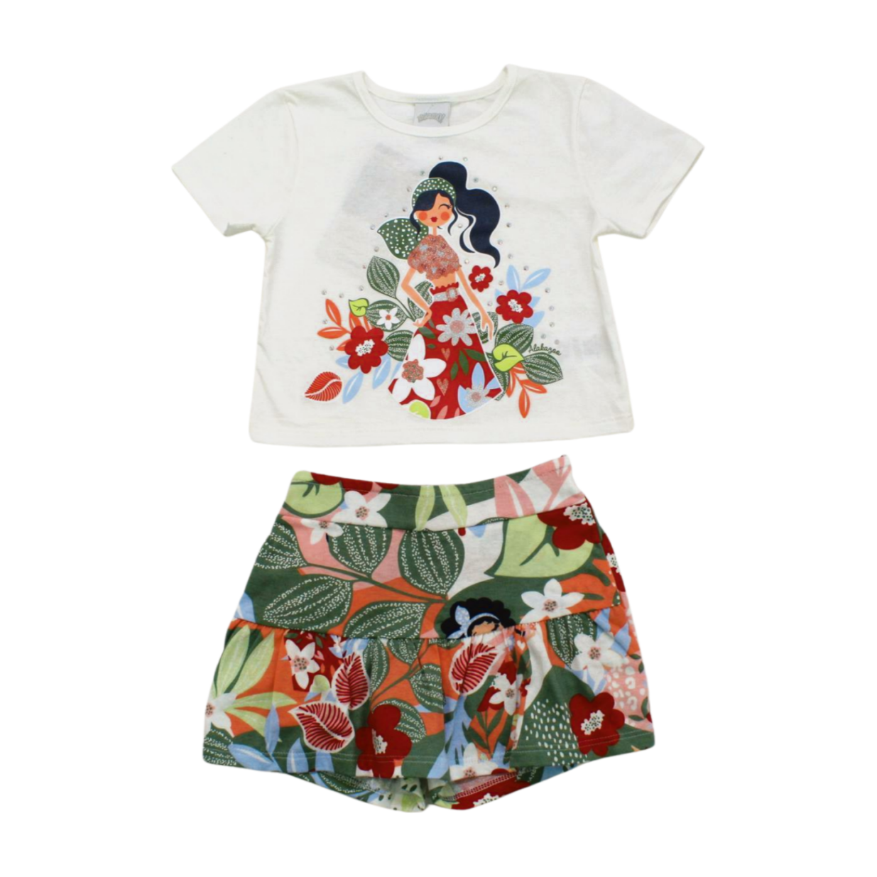 Conjunto Feminino Blusa e Shorts Saia Estampado com Babado 67868