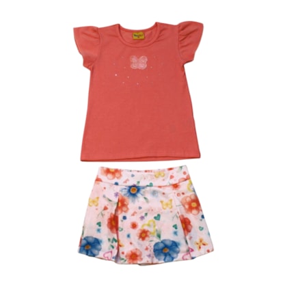 Conjunto Feminino Blusa e Shorts Saia Estampado Borboletas 24169 - Rollu
