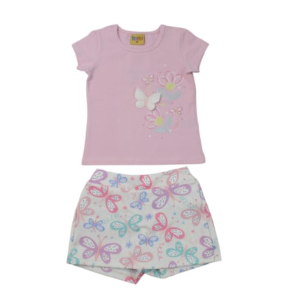 Conjunto Feminino Blusa e Shorts Saia Estampado Borboloetas 27028 - Rollu