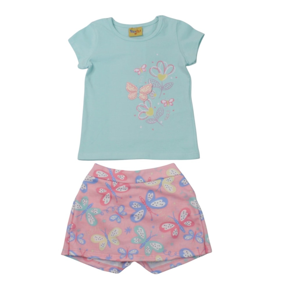 Conjunto Feminino Blusa e Shorts Saia Estampado Borboloetas 27028 - Rollu