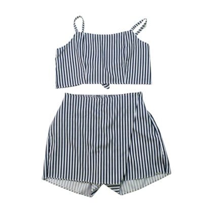 Conjunto Feminino Blusa e Shorts Saia Tecido Listrado - 61769 - Soda