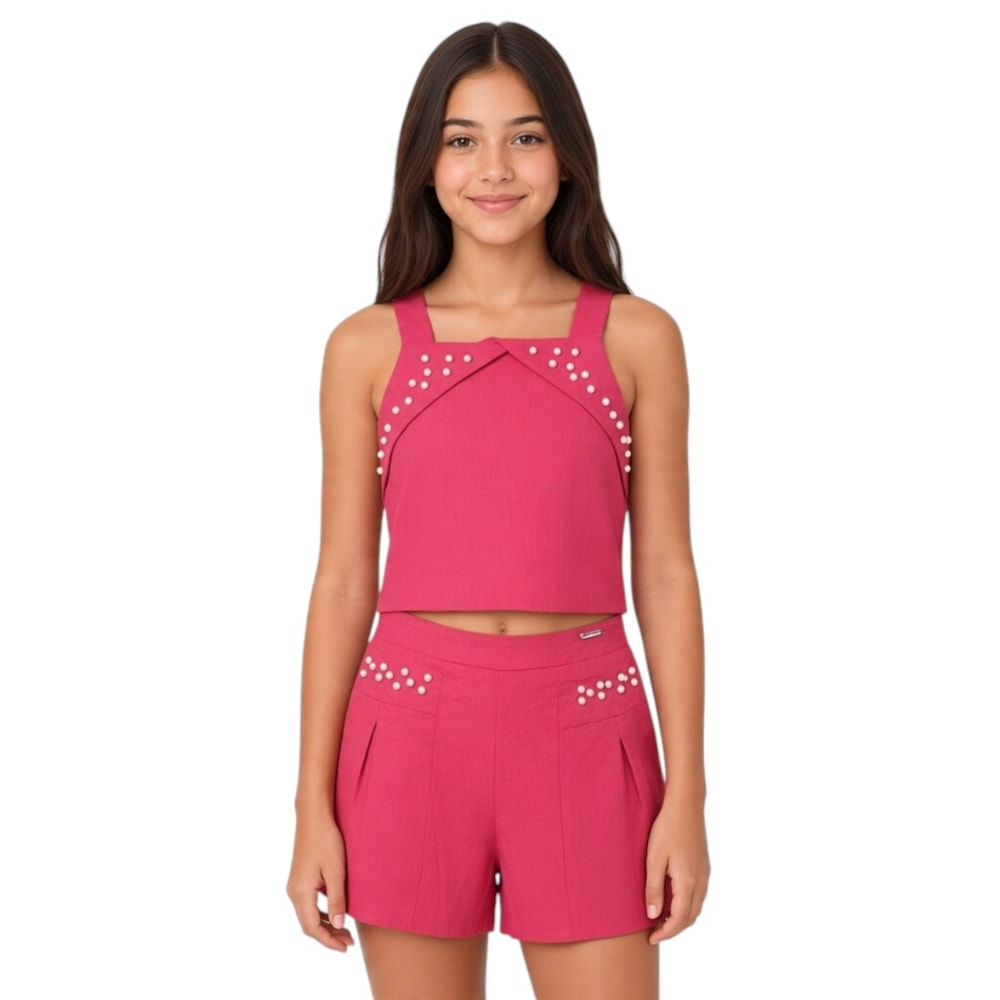 Conjunto Feminino Blusa e Shorts Tecido com Pérolas A5406 - Alakazoo