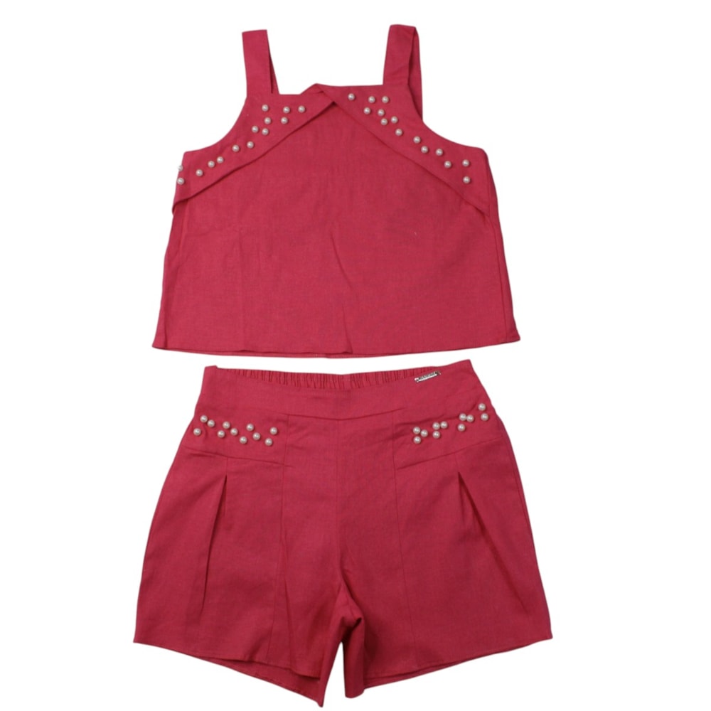 Conjunto Feminino Blusa e Shorts Tecido com Pérolas A5406 - Alakazoo