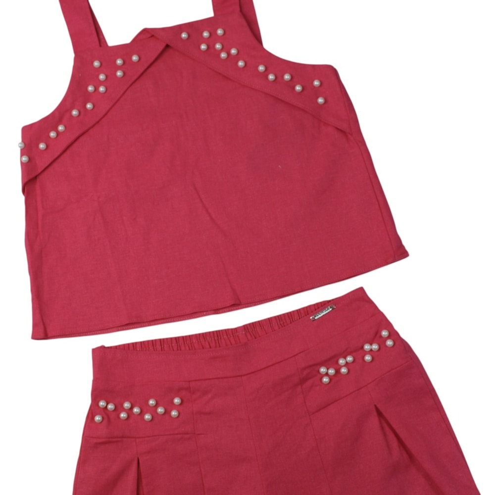 Conjunto Feminino Blusa e Shorts Tecido com Pérolas A5406 - Alakazoo