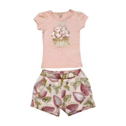 Conjunto Feminino Blusa e Shorts Tecido Estampado Morangos 21559 - Glinny