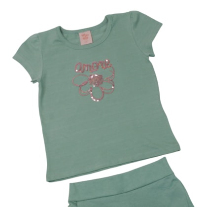 Conjunto Feminino Blusa Estampa Amore com Lantejoulas e Shorts Saia 46183 - Kely Kety