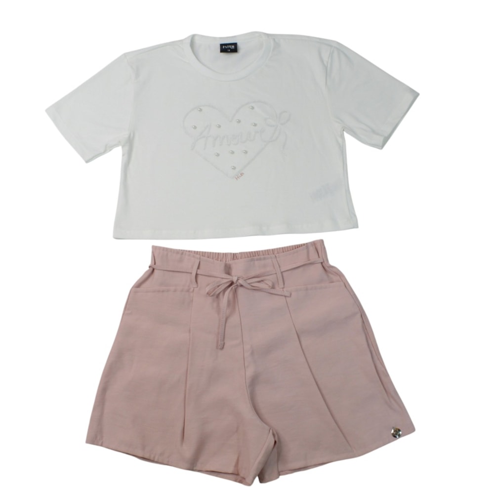 Conjunto Feminino Blusa Estampa Amour e Shorts Tecido A5188 - H!ts