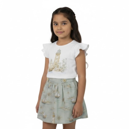Conjunto Feminino Blusa Estampa Barquinho e Saia 2001768 - Milon