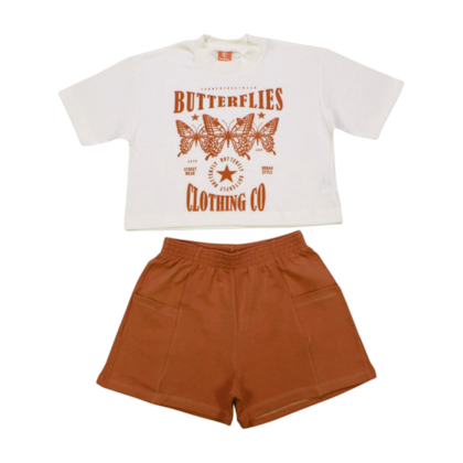 Conjunto Feminino Blusa Estampa Butterflies e Shorts Moletinho 17644 - Teddy 