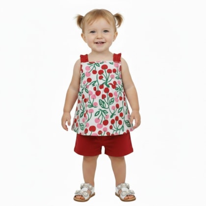 Conjunto Feminino Blusa Estampa Cerejas e Shorts 1001816 - Kyly