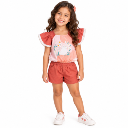 Conjunto Feminino Blusa Estampa Cisne e Shorts 1978 - Carol e Dani 