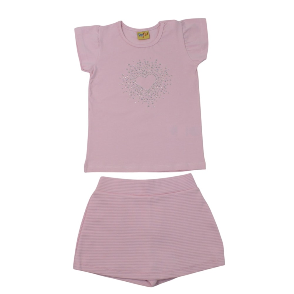Conjunto Feminino Blusa Estampa Coração com Strass e Shorts 27071 - Rollu