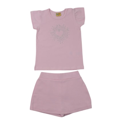 Conjunto Feminino Blusa Estampa Coração com Strass e Shorts 27071 - Rollu